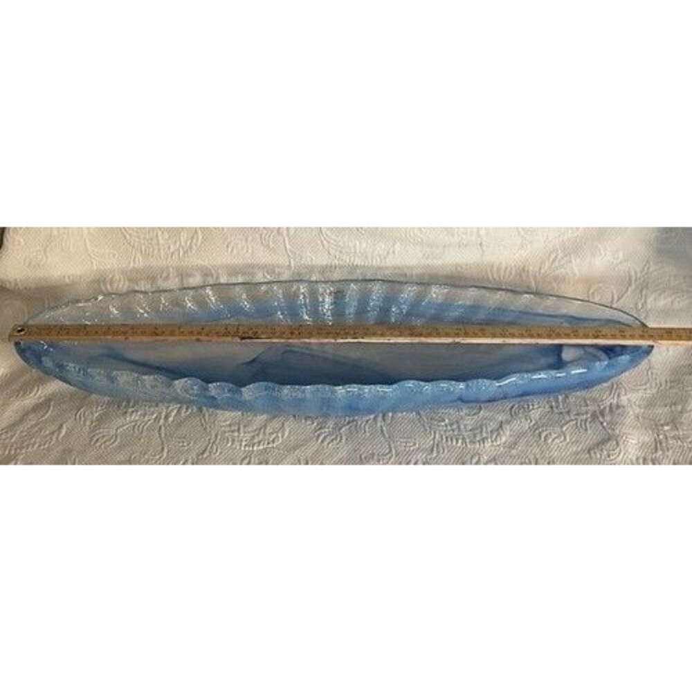 VTG Murano Glass Large Long Vase Decorative Blue Art Glass Long Oval Bowl Italy